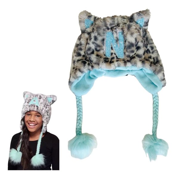 Justice Girl’s Letter N One Size Cheetah Cat Earflap Hat Faux Fur Grey Teal Blue - Picture 1 of 8